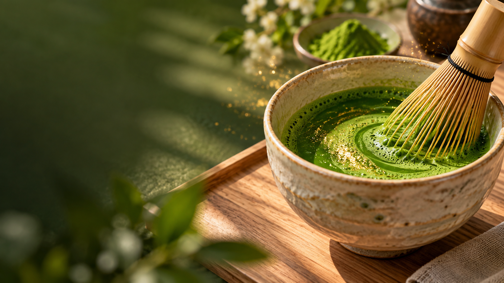 Matcha being whisked in a ceramic bowl with a subtle golden shimmer