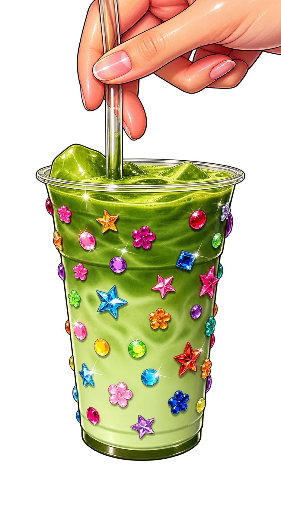 Illustration of a bright green matcha latte cup covered with colorful jewel stickers